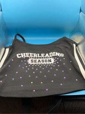 Hand Crafted Black Cheerleading Season Crop Top with Iridescent Rhinestones